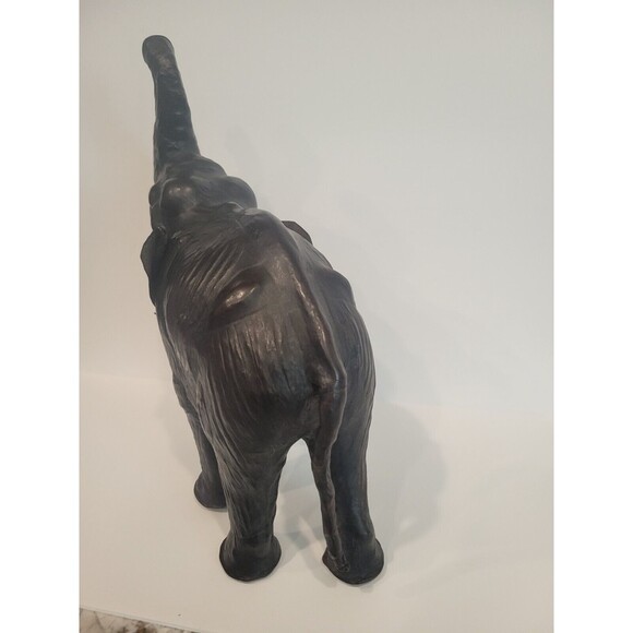 Elephant Black Leather Wrapped Vintage 13-14” Lucky Trunk Up Sculpture Statue - Picture 5 of 12